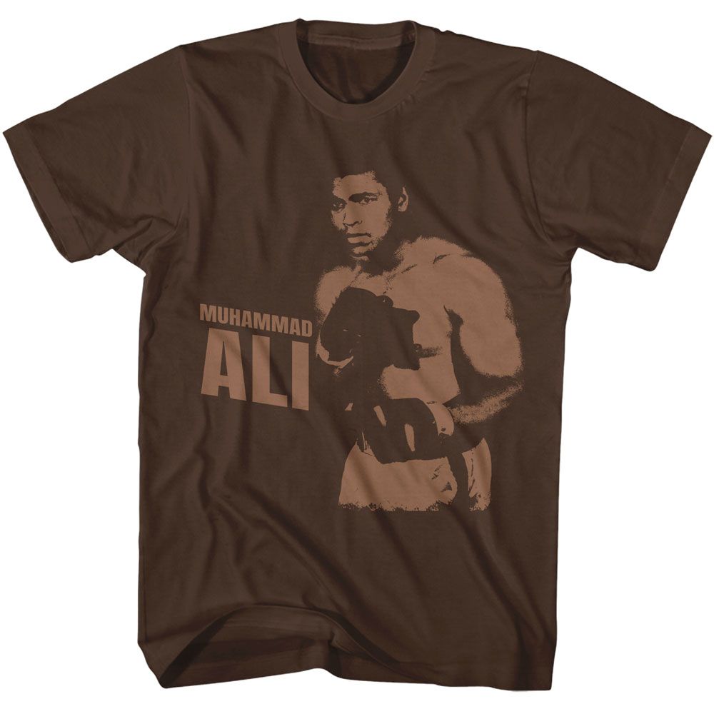 Dark chocolate brown Muhammad Ali t-shirt featuring Muhammad Ali 1 Color boxing legend design
