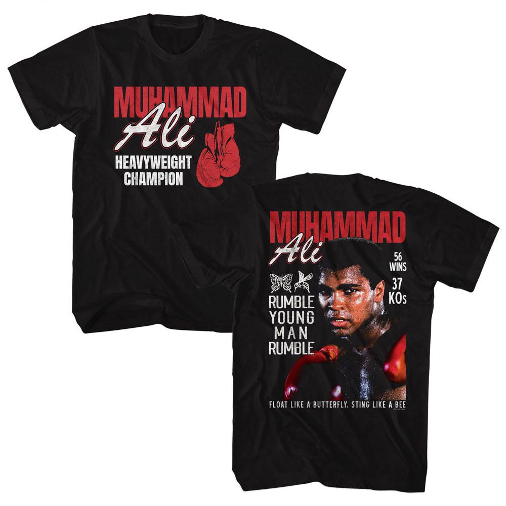 Black Muhammad Ali t-shirt featuring Muhammad Ali Heavyweight Champ front and back design