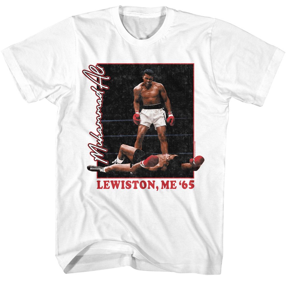White Muhammad Ali t-shirt featuring Muhammad Ali Lewiston Maine 1965 design