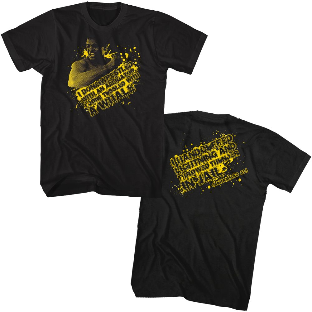 Black Muhammad Ali t-shirt featuring Muhammad Ali Handcuff Lightning boxing legend design