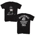 Black Muhammad Ali t-shirt featuring Muhammad Ali vs Liston 1965 champion front and back