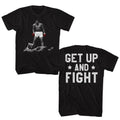 Black Muhammad Ali t-shirt featuring Muhammad Ali vs Liston Get Up front and back design