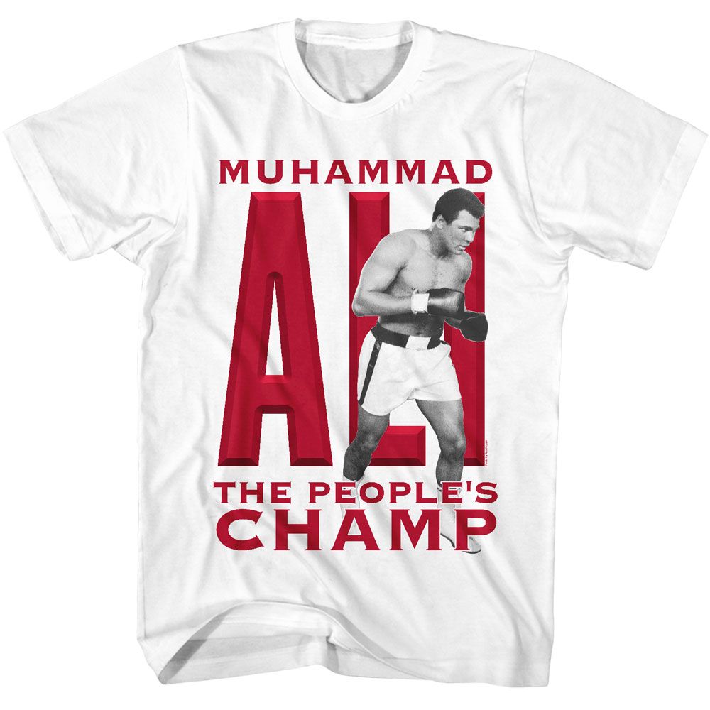 White Muhammad Ali t-shirt featuring Muhammad Ali Peoples Champ boxing legend design