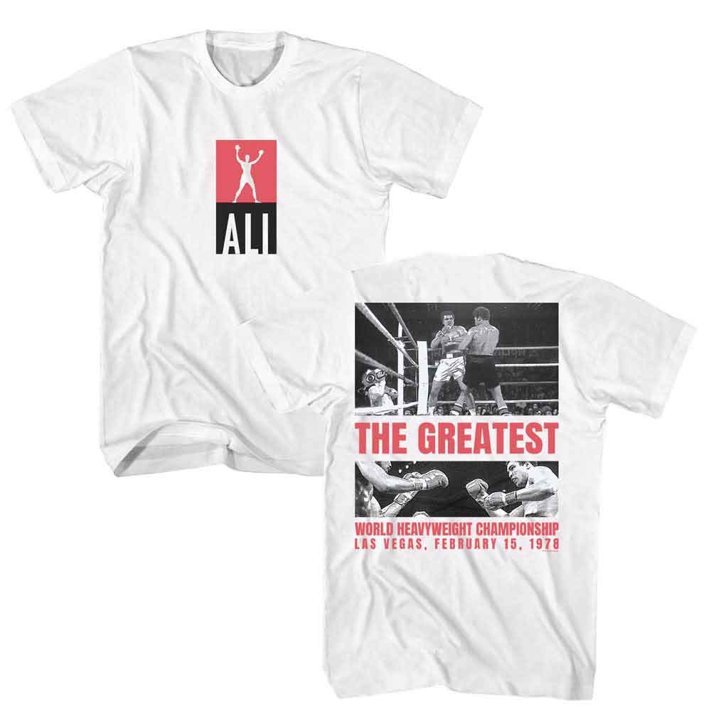 White Muhammad Ali t-shirt featuring Muhammad Ali GOAT front and back design