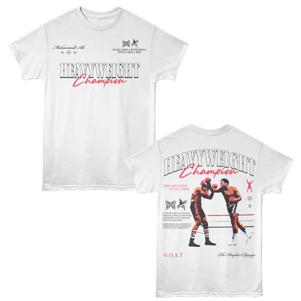 White Muhammad Ali t-shirt featuring Muhammad Ali Heavyweight Champion front and back design