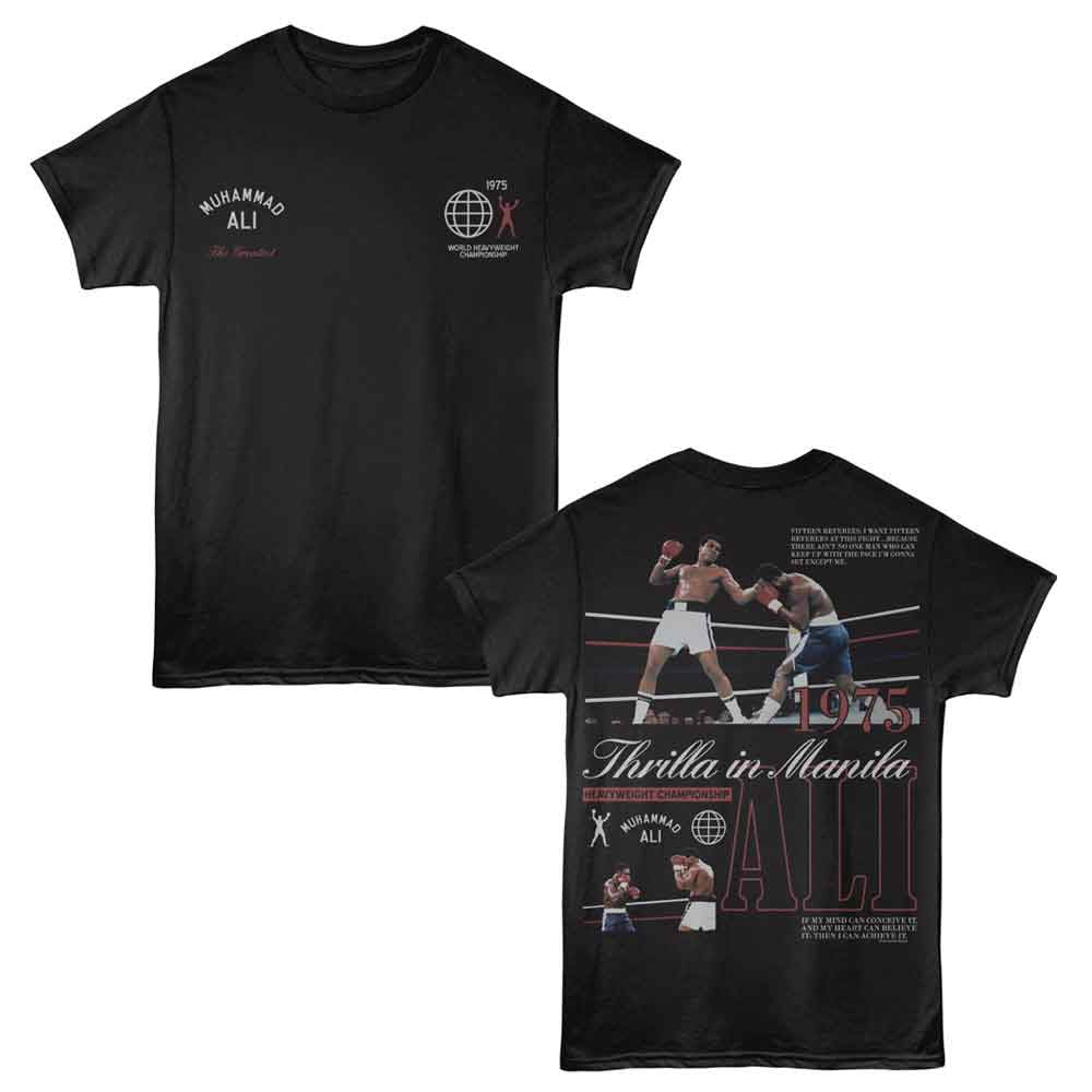 Black Muhammad Ali t-shirt featuring Muhammad Ali Thrilla in Manilla front and back design