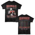Black Muhammad Ali t-shirt featuring Muhammad Ali Fight Tour front and back design