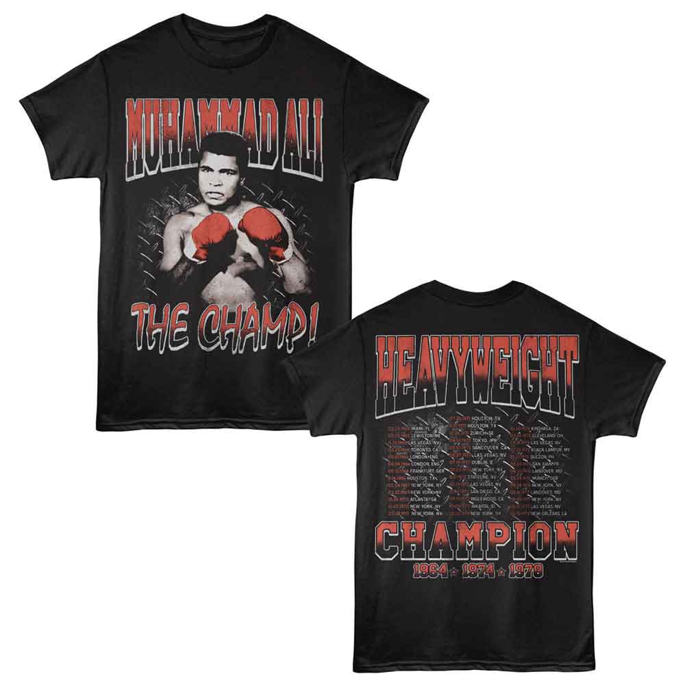 Black Muhammad Ali t-shirt featuring Muhammad Ali Fight Tour front and back design