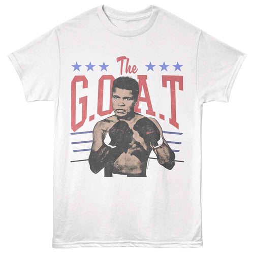 White Muhammad Ali t-shirt featuring Muhammad Ali The Goat boxing legend design