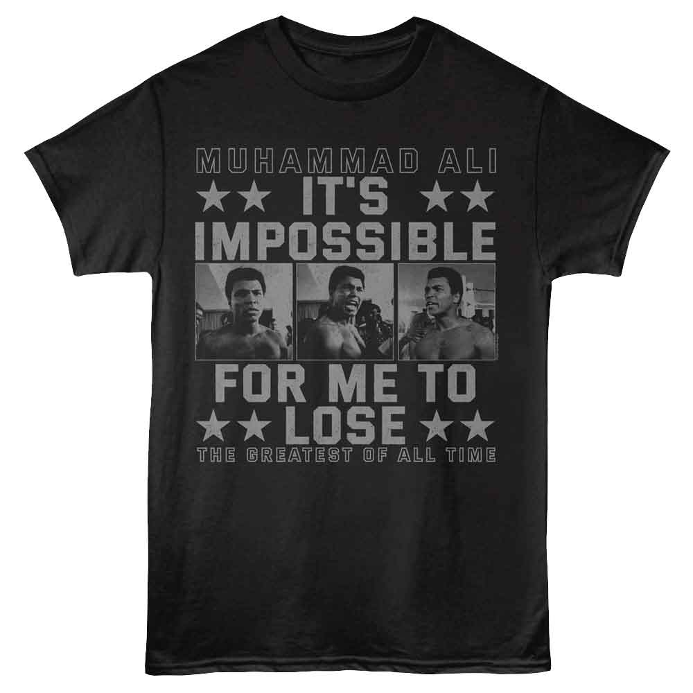 Black Muhammad Ali t-shirt featuring Muhammad Ali Impossible To Lose quote design