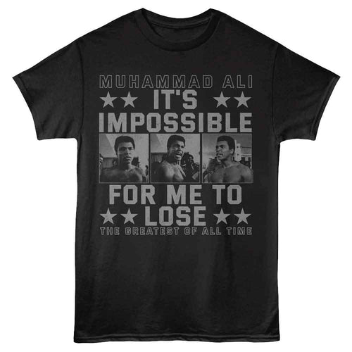 Black Muhammad Ali t-shirt featuring Muhammad Ali Impossible To Lose quote design
