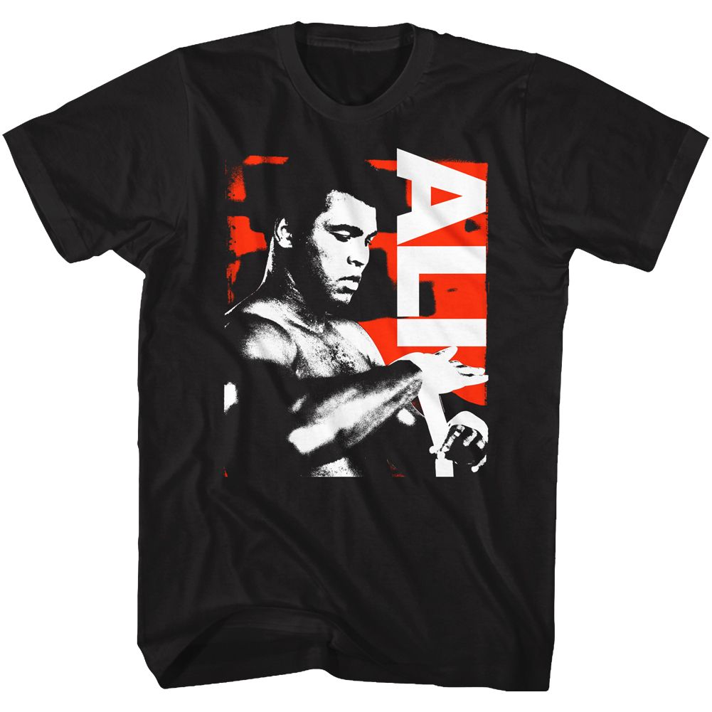 Black Muhammad Ali t-shirt featuring Muhammad Ali Getting Ready pre-fight design