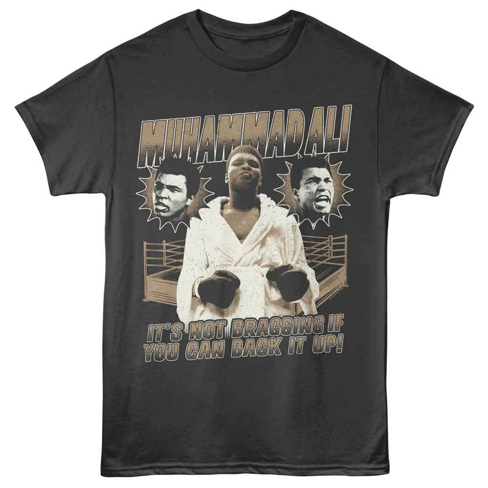 Smoke gray Muhammad Ali t-shirt featuring Muhammad Ali Not Bragging quote design