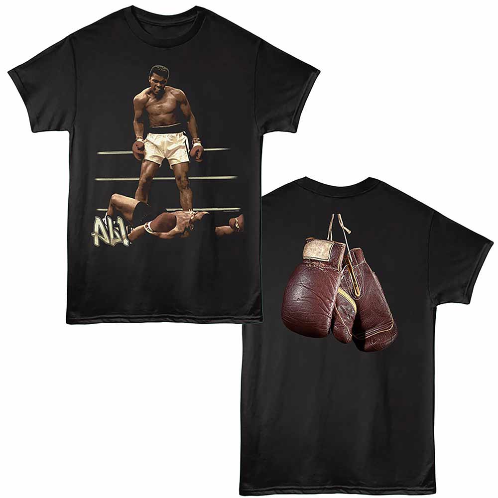Black Muhammad Ali t-shirt featuring a Hanging Gloves Back design