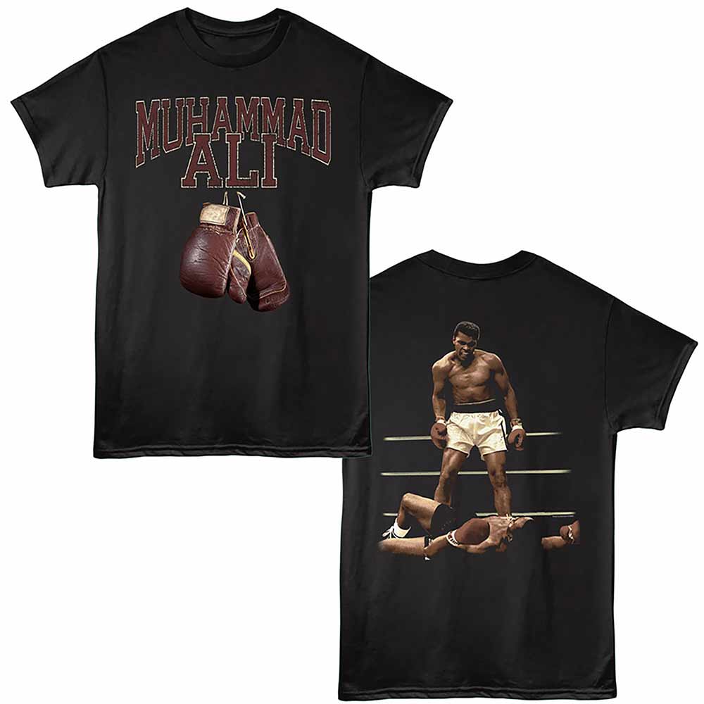 Black Muhammad Ali t-shirt featuring a Hanging Gloves Front design