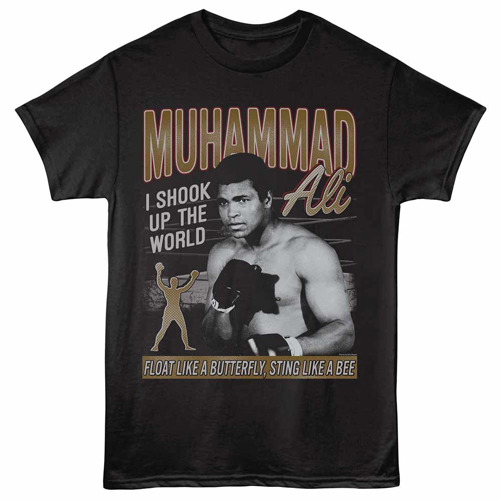 Black Muhammad Ali t-shirt featuring a Shook Up the World design