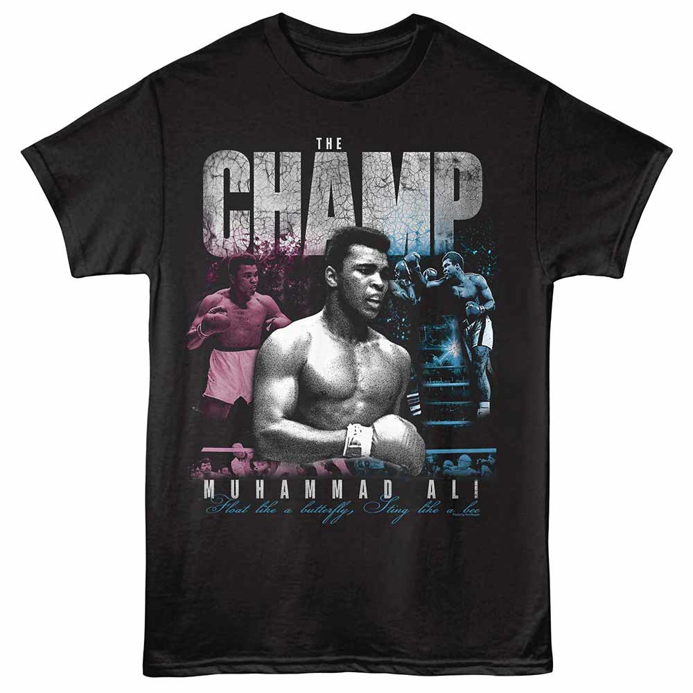 Black Muhammad Ali t-shirt featuring a The Champ Collage design