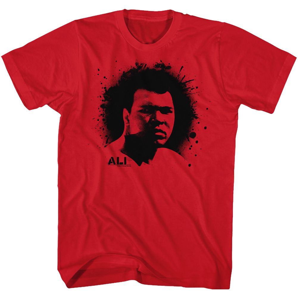 Red Muhammad Ali t-shirt featuring Muhammad Ali Shabam knockout design