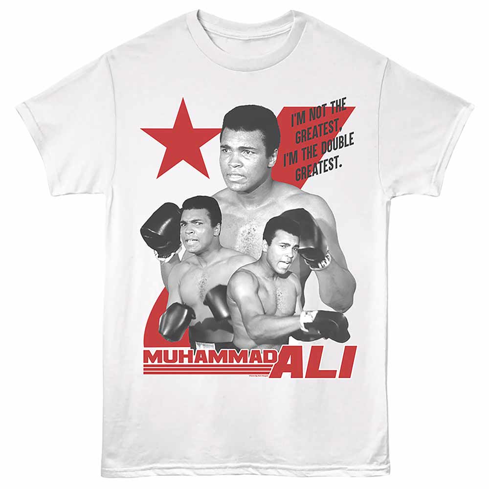 White Muhammad Ali t-shirt featuring a Double Greatest design