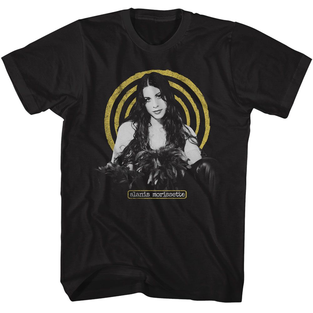 Black Alanis Morissette t-shirt featuring Alanis Morissette yellow spiral design