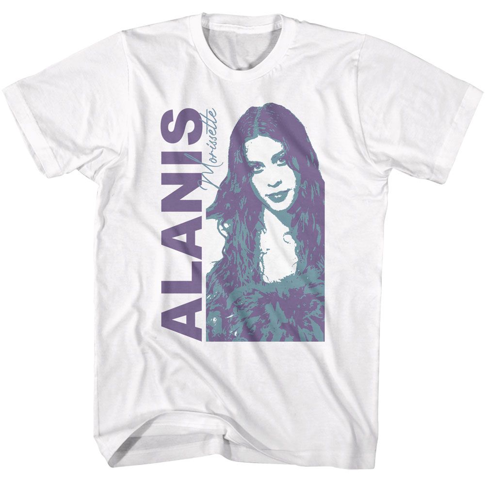White Alanis Morissette t-shirt featuring Alanis Morissette duotone portrait design