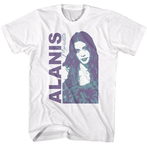 White Alanis Morissette t-shirt featuring Alanis Morissette duotone portrait design