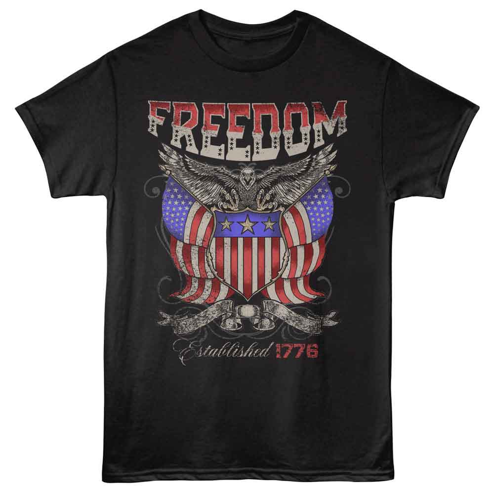 Black patriotic t-shirt featuring a Freedom 1776 design