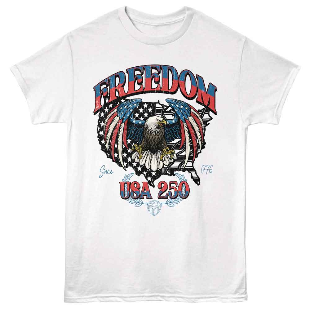 White patriotic t-shirt featuring a Freedom USA 250 design