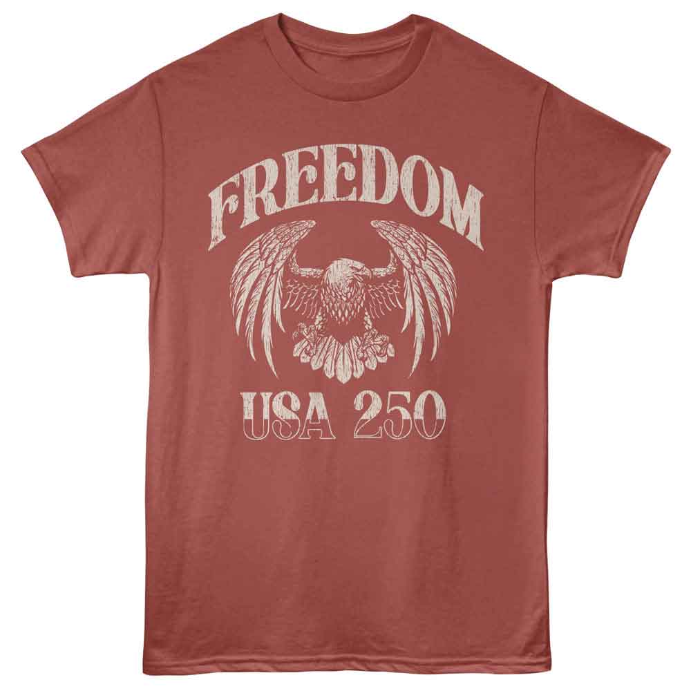 Terracotta patriotic t-shirt featuring a Freedom USA 250 design