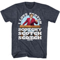 Navy heather Anchorman t-shirt featuring Anchorman Ron Burgundy I Love Scotch quote design