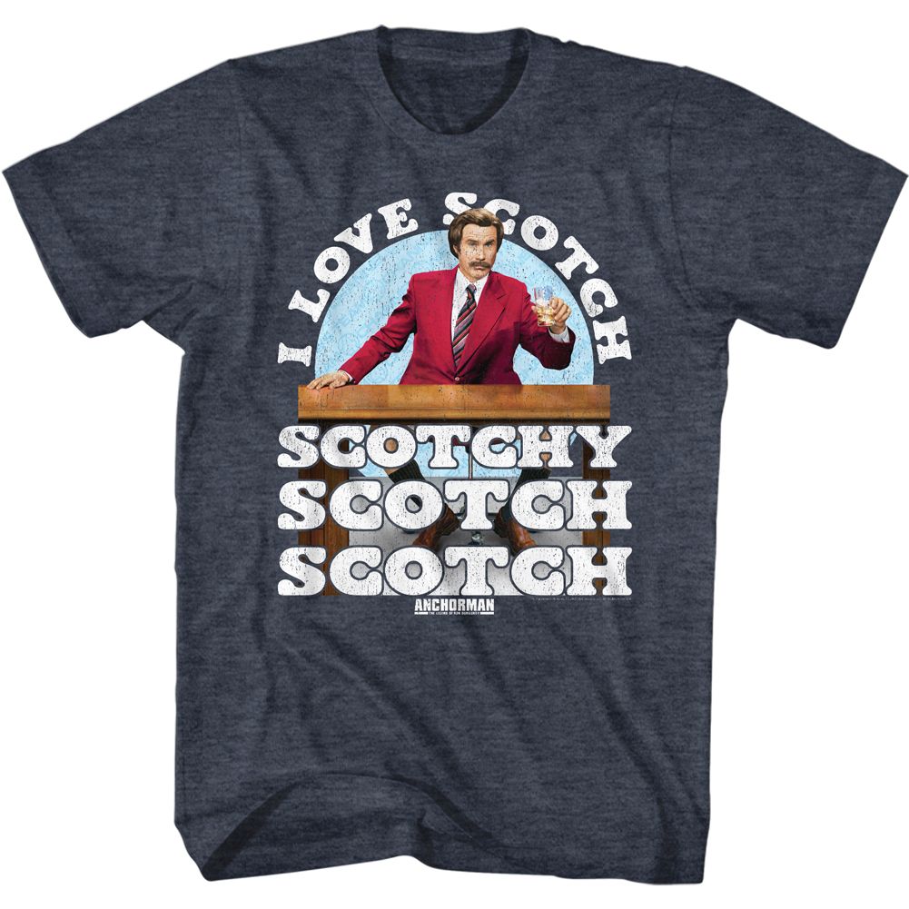 Navy heather Anchorman t-shirt featuring Anchorman Ron Burgundy I Love Scotch quote design