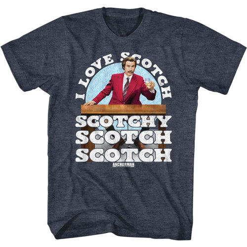 Navy heather Anchorman t-shirt featuring Anchorman Ron Burgundy I Love Scotch quote design