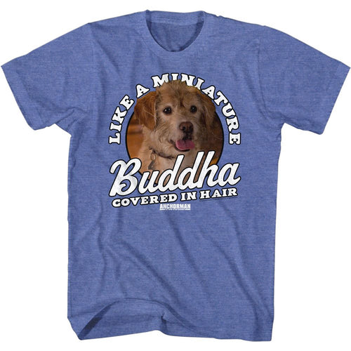 Royal blue heather Anchorman t-shirt featuring Anchorman Miniature Buddha Ron Burgundy quote design