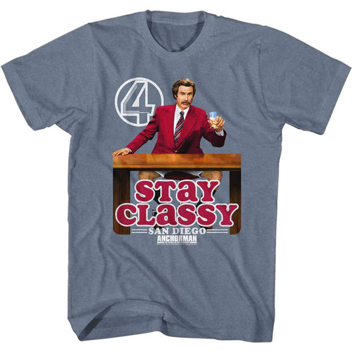Indigo heather Anchorman t-shirt featuring Anchorman Stay Classy San Diego logo design