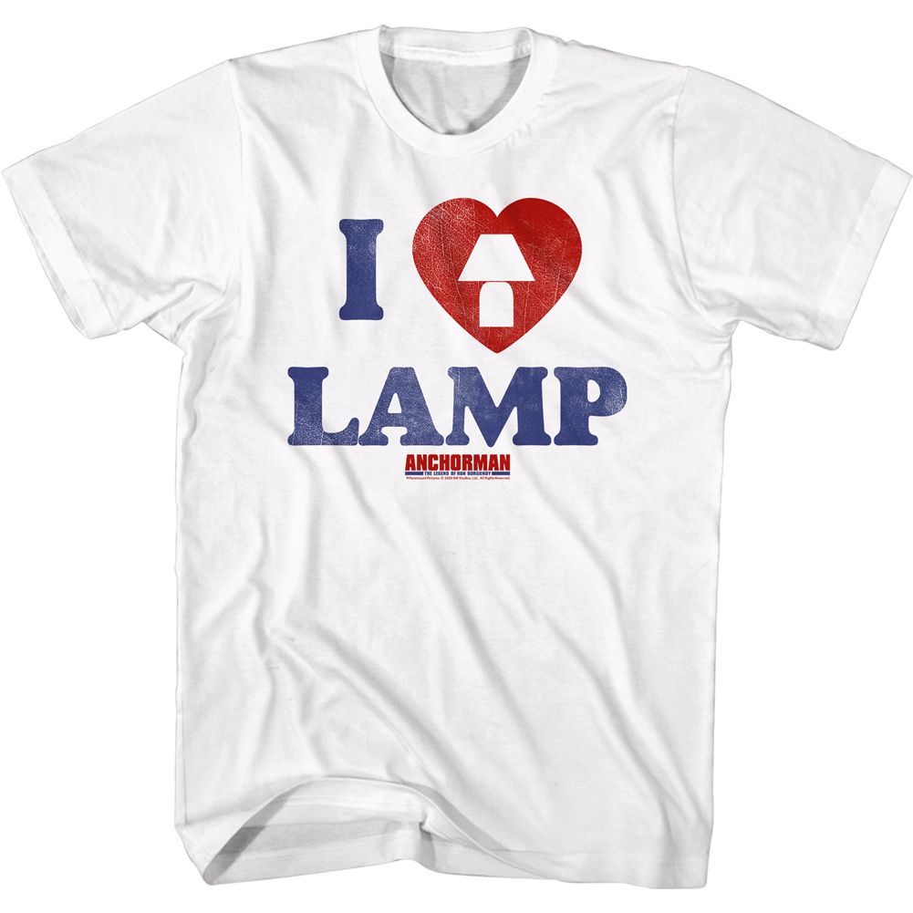 White Anchorman t-shirt featuring Anchorman I Love Lamp Brick Tamland quote design