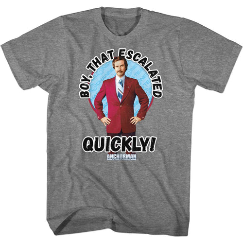 Graphite heather Anchorman t-shirt featuring Anchorman That Escalated Quickly Ron Burgundy quote design
