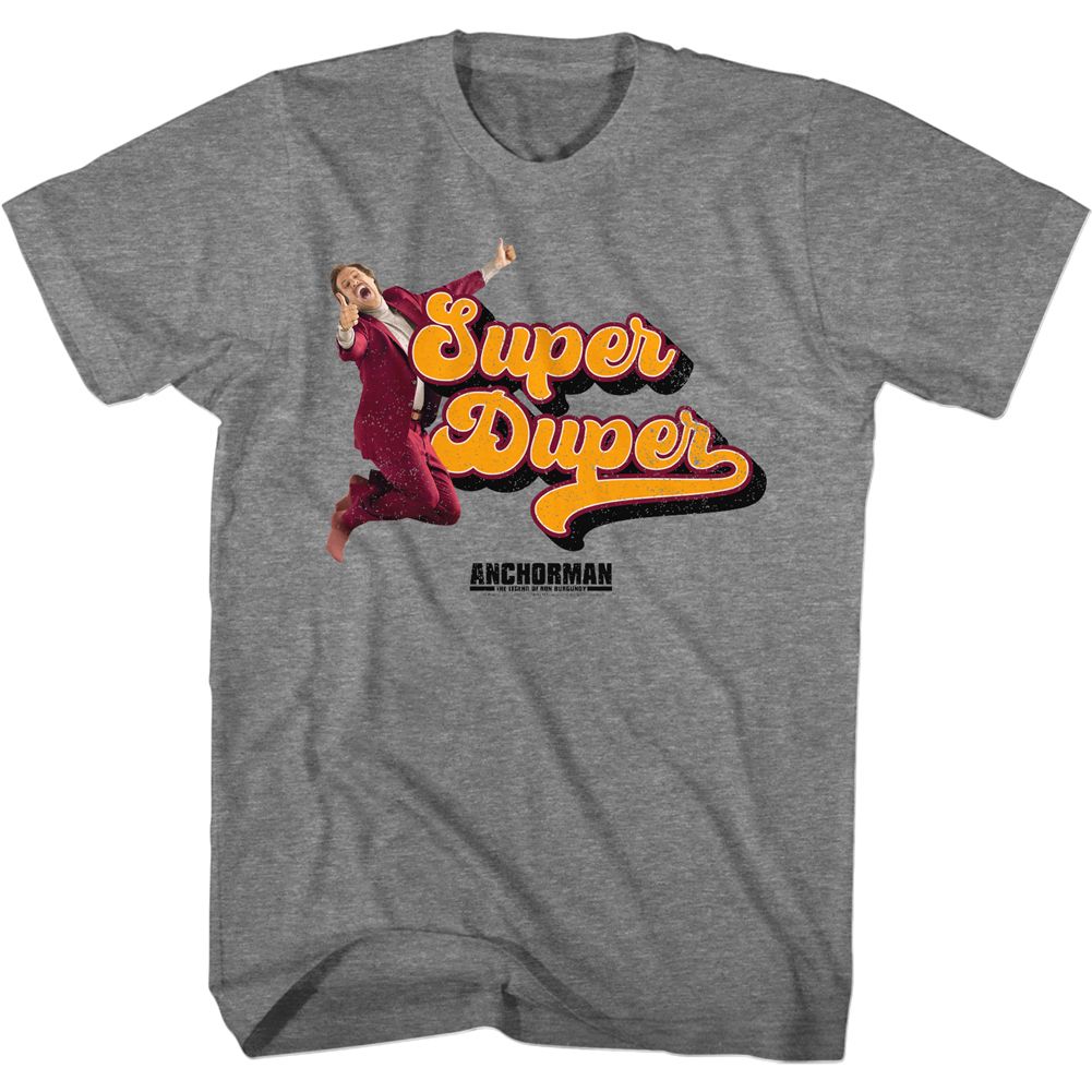 Graphite heather Anchorman t-shirt featuring Anchorman Super Duper Brick quote design