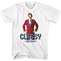 White Anchorman t-shirt featuring Anchorman Ron Burgundy Stay Classy text design
