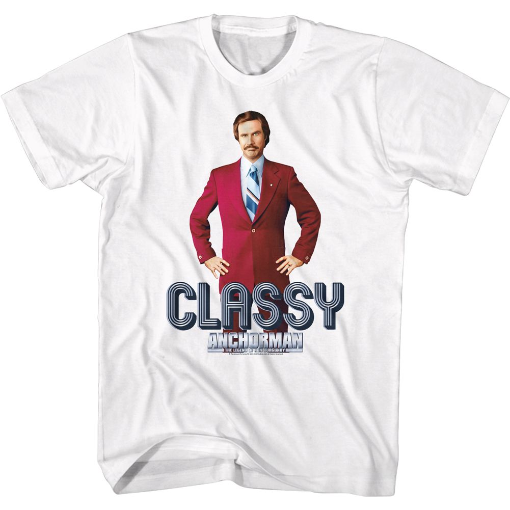 White Anchorman t-shirt featuring Anchorman Ron Burgundy Stay Classy text design