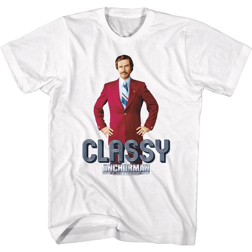 White Anchorman t-shirt featuring Anchorman Ron Burgundy Stay Classy text design