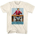 Natural Anchorman t-shirt featuring Anchorman Ron Burgundy at anchor desk Channel 4 logo design