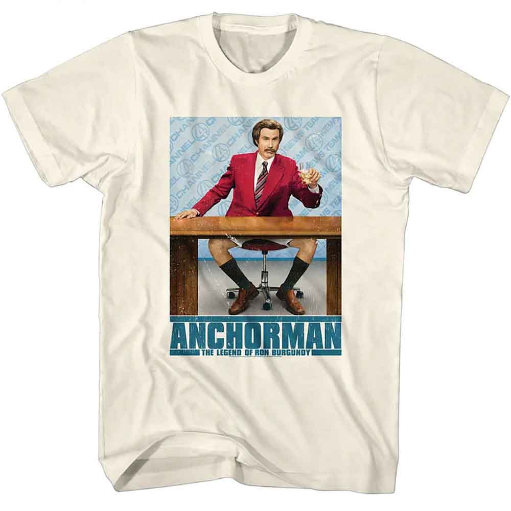 Natural Anchorman t-shirt featuring Anchorman Ron Burgundy at anchor desk Channel 4 logo design