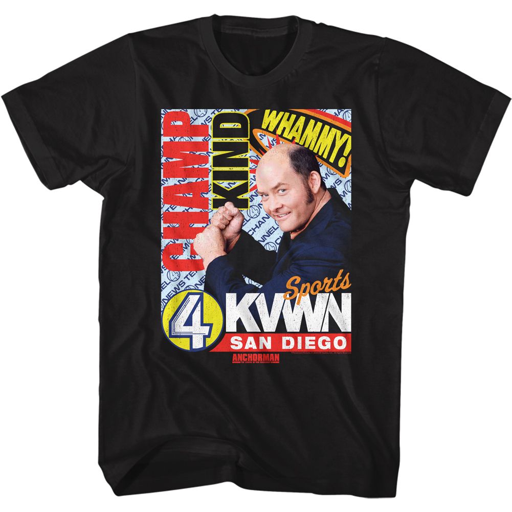 Black Anchorman t-shirt featuring Anchorman Champ Kind dark variant design