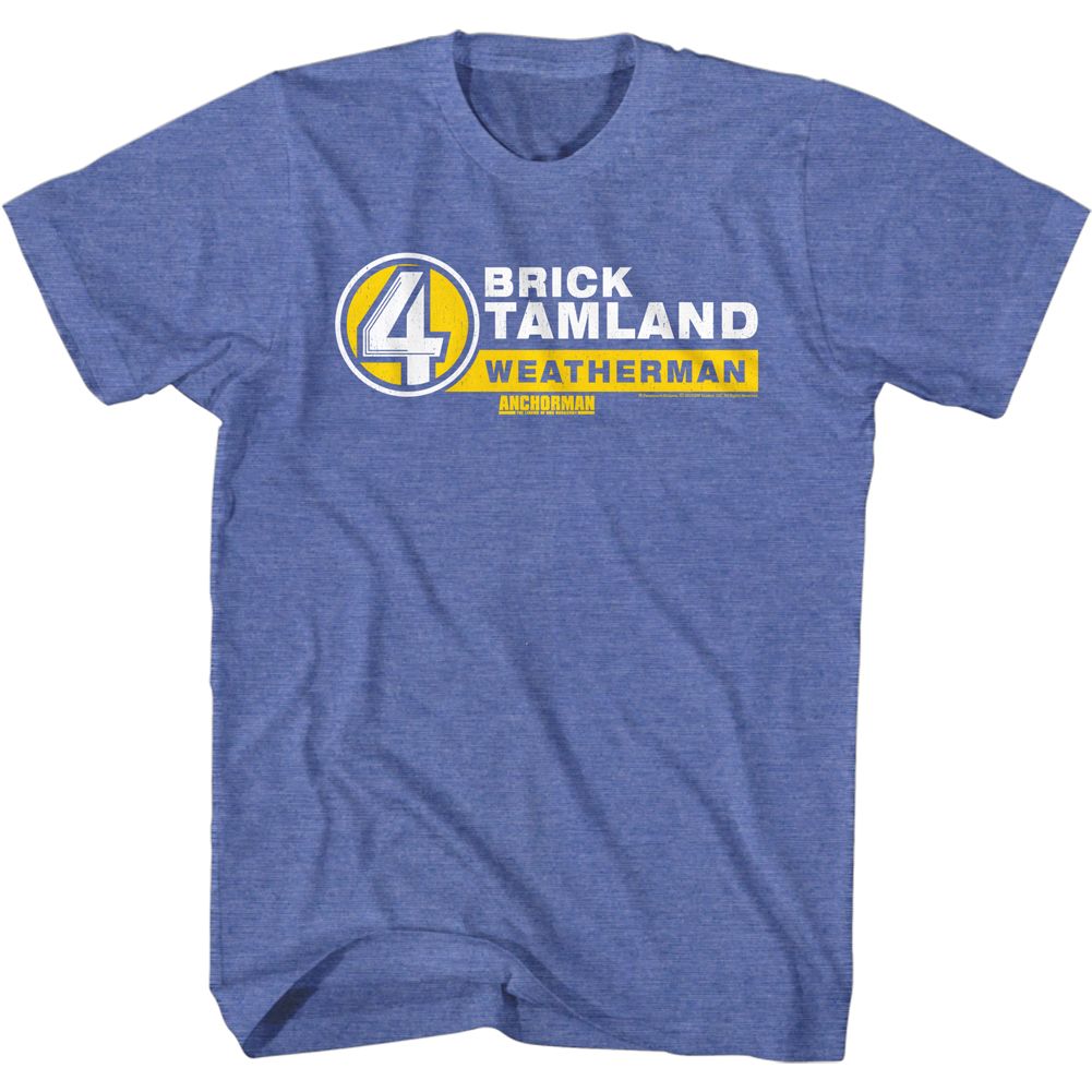Royal blue heather Anchorman t-shirt featuring Anchorman Brick Tamland name tag design