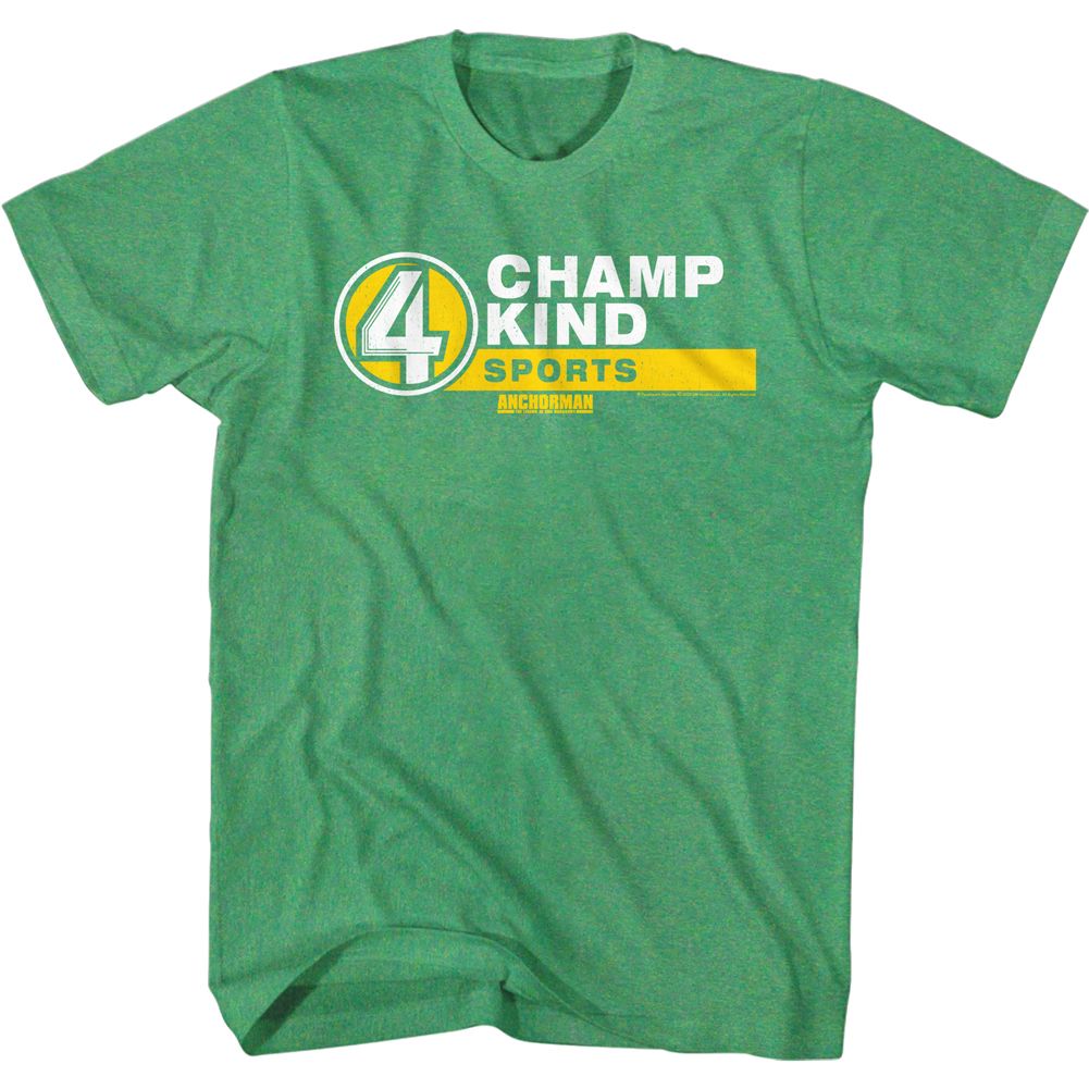 Kelly green heather Anchorman t-shirt featuring Anchorman Champ Kind name tag design