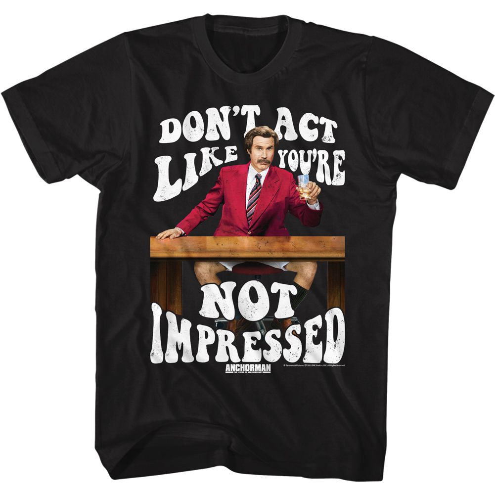Black Anchorman t-shirt featuring Anchorman Not Impressed Ron Burgundy quote design