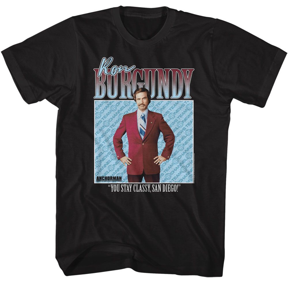 Black Anchorman t-shirt featuring Anchorman Ron Burgundy character portrait design