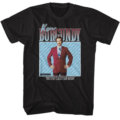 Black Anchorman t-shirt featuring Anchorman Ron Burgundy character portrait design