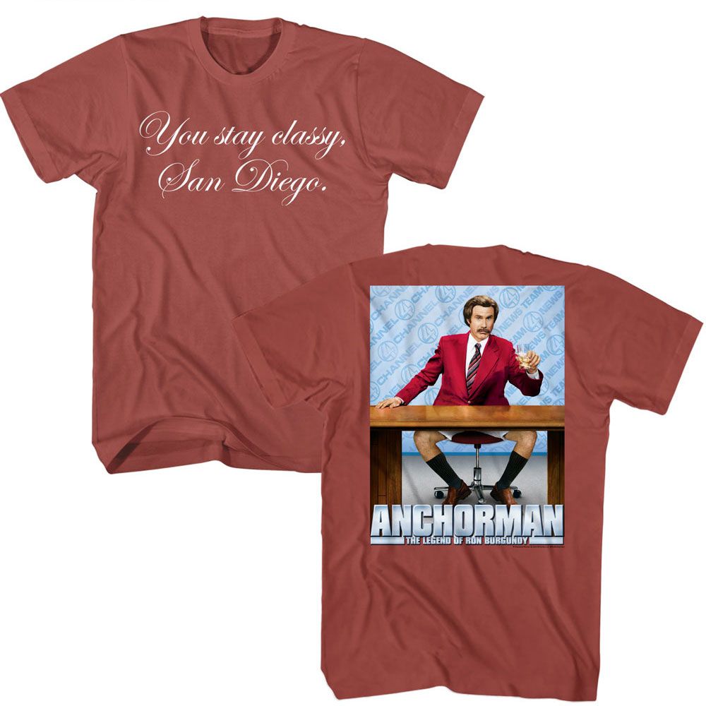Terracotta Anchorman t-shirt featuring Anchorman Stay Classy San Diego front and back design