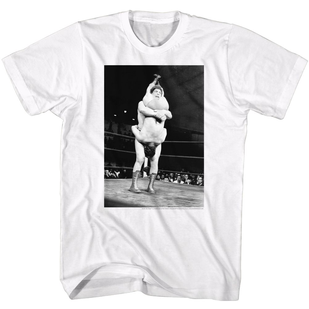 White Andre the Giant t-shirt featuring Andre the Giant Shake Down wrestling design